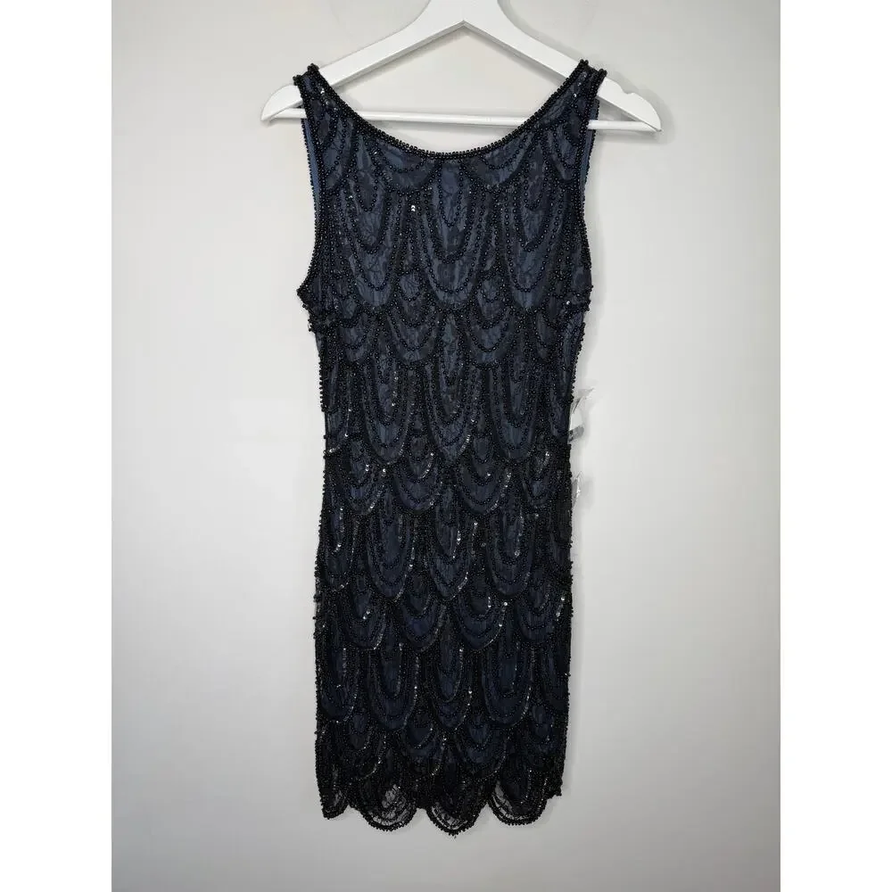 Pisarro Nights Embellished Sequins Sleeveless Mini Cocktail Dress Navy Blue 6